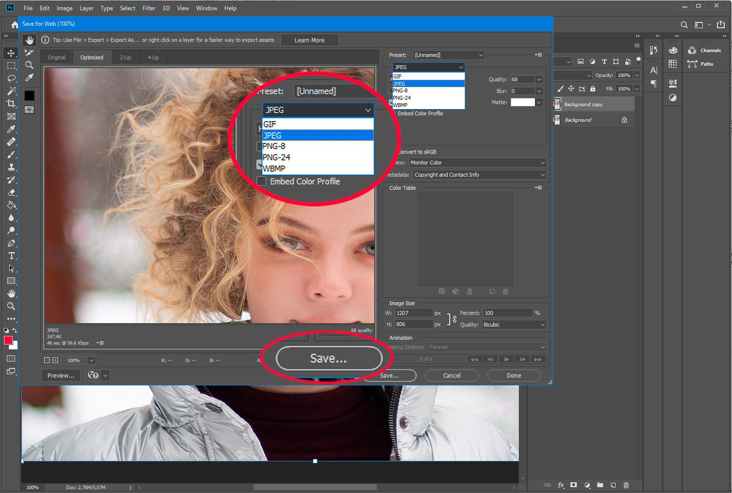 Adobe Photoshop. Simpan PSD untuk web dalam jpg..