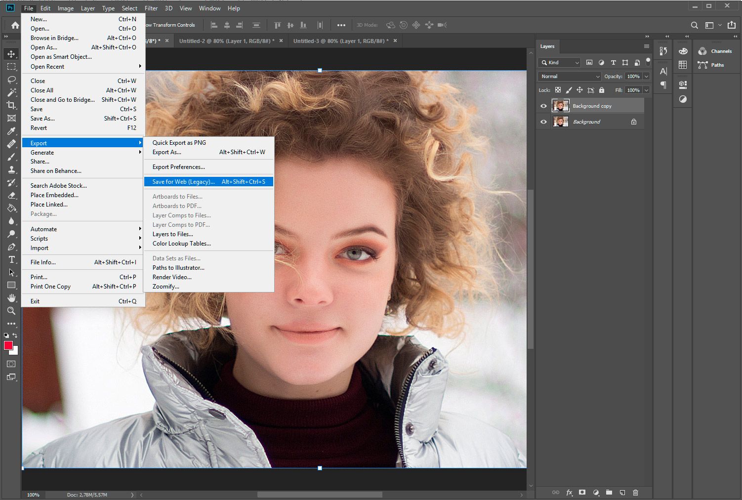 Adobe Photoshop. Pilih simpan untuk web..