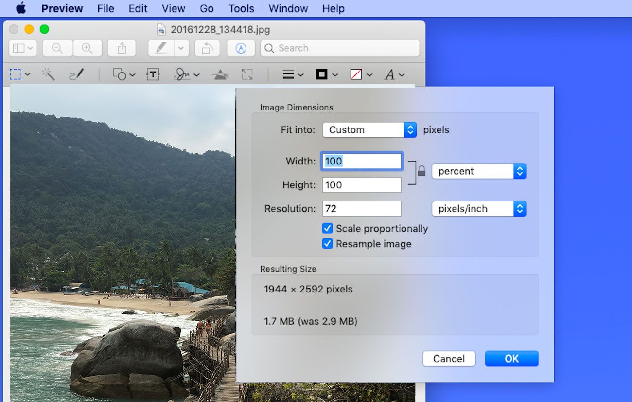 Mengubah ukuran foto di MAC dalam KB..