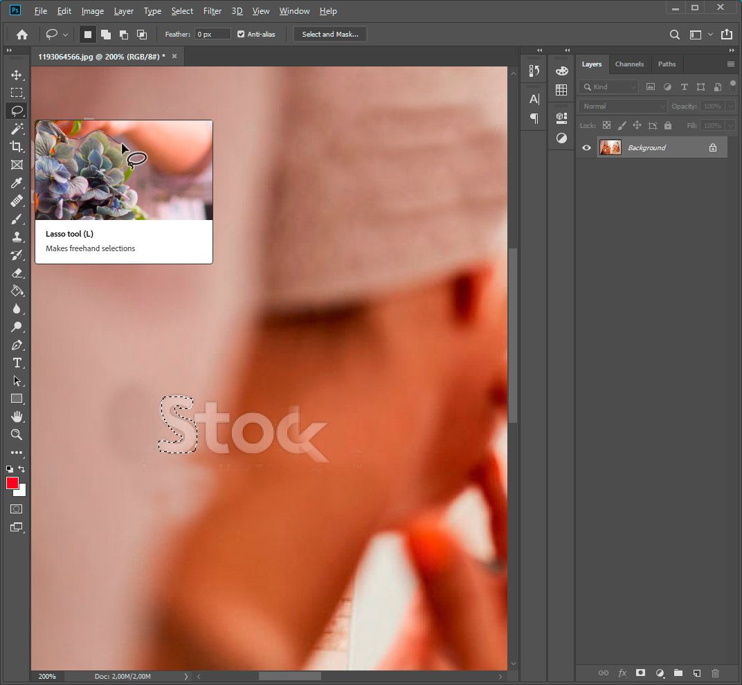 Photoshop pilih watermark transparan dengan alat lasso..